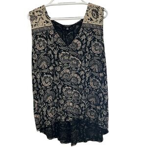 Lucky Brand Blk And Tan Floral Paisley Boho Top Sleeveless Shirt 100% Viscose Lg